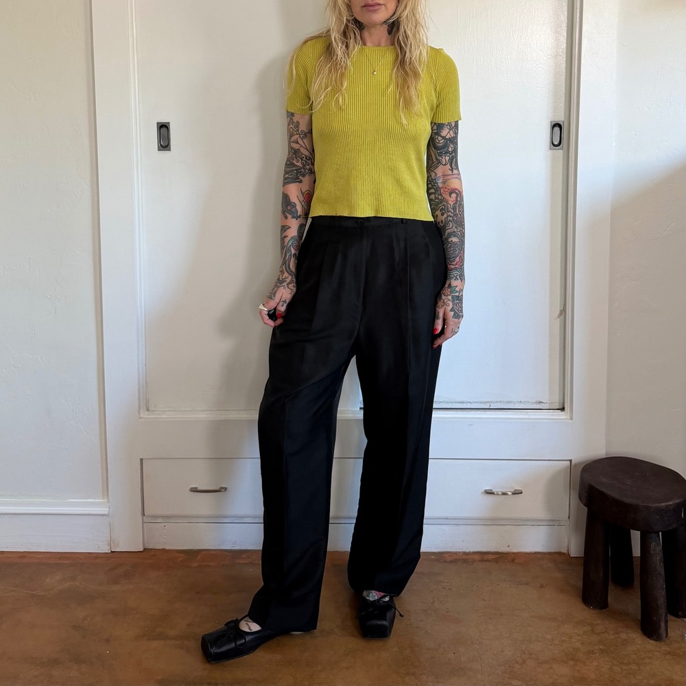 Vintage Kasper & Co Black Silk Pleated Trousers Womens 10 Petite Straight Leg